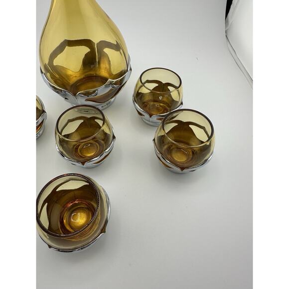 Vintage Farber Brothers Amber Glass Chrome Art Deco Decanter and 6 Glasses - Picture 5 of 9